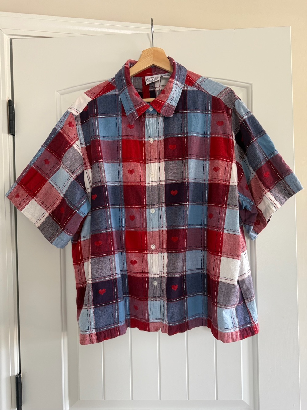 Vintage 90s Carolina Blues Plus Red White & Blue Plaid Heart Button Down 2XL